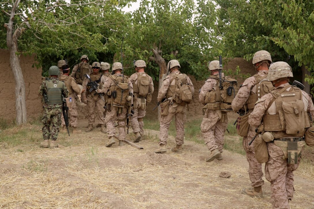 Marines with Bravo Company, 1st Battalion, 7th Marine Regiment, depart a patrol base to conduct a security patrol during a mission in Helmand province, Afghanistan, June 6, 2014. The company conducted disruption operations in a known Taliban bed-down location for two days. During the previous mission May 29, the company discovered a drug production lab and removed more than one metric ton of narcotics from the battlefield.
(U.S. Marine Corps photo by Cpl. Joseph Scanlan / released)
