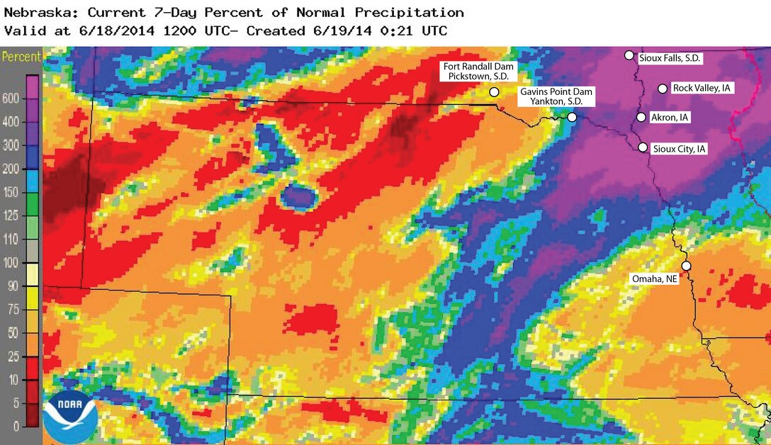 This chart from the National Weather Service Missouri Basin River Forecast Center includes  town names and shows the locations of Gavins Point Dam and Fort Randall Dam. The chart shows the percent of normal precipitation that has occurred over the last 7 days. Areas along the state line reaching from northwest Iowa into northeast Nebraska have seen between 6-15 inches of rainfall, which is between 300 and 600 percent of normal rainfall since June 12.