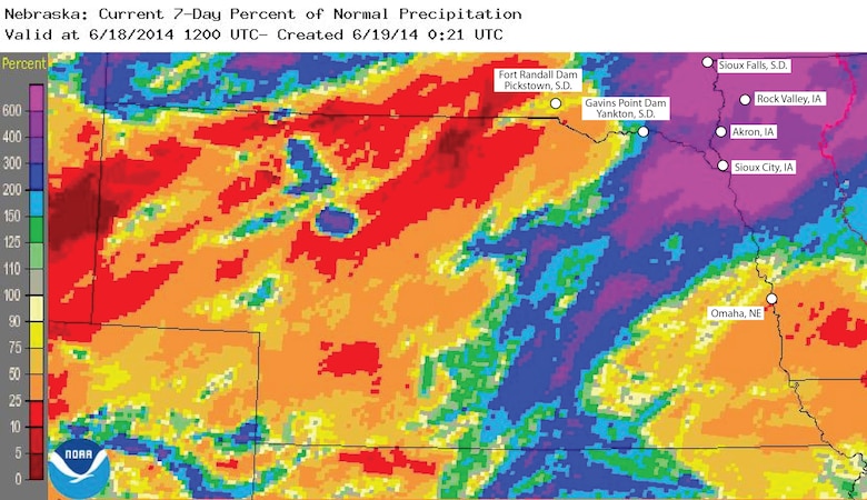 This chart from the National Weather Service Missouri Basin River Forecast Center includes  town names and shows the locations of Gavins Point Dam and Fort Randall Dam. The chart shows the percent of normal precipitation that has occurred over the last 7 days. Areas along the state line reaching from northwest Iowa into northeast Nebraska have seen between 6-15 inches of rainfall, which is between 300 and 600 percent of normal rainfall since June 12.