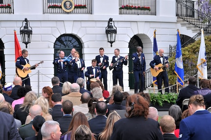 Sidewinder band members Air Force Staff Sgt. Sean Navarro; Staff Sgt. Ransom Miller; Staff Sgt. Devin LaRue; Staff Sgt. Brian Owens; Tech. Sgt. John Cavanaugh; Staff Sgt. Toby Callaway; Tech. Sgt. Kevin Maret; and Tech. Sgt. Joey Castilleja, perform at the White House on the South Lawn April 11, 2012. Sindwinder, the St. Louis, Mo.-based 571st Missouri Air National Guard Band made famous by their YouTube video performance of Adele's "Rolling in the Deep" is part of the 131st Bomb Wing out of Lambert Air National Guard Base-St. Louis.