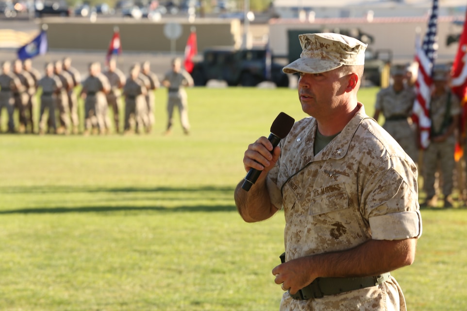 Lt. Col. Brynn H. Schreiner, commanding officer, Unmanned Aerial Vehicle Squadron 3, makes his remarks during the squadron's change of command ceremony at Lance Cpl. Torrey L. Gray Field, June 18, 2014. "I'm going to take care of the Phantoms, and I look forward to every challenge I come across," Schreiner said.