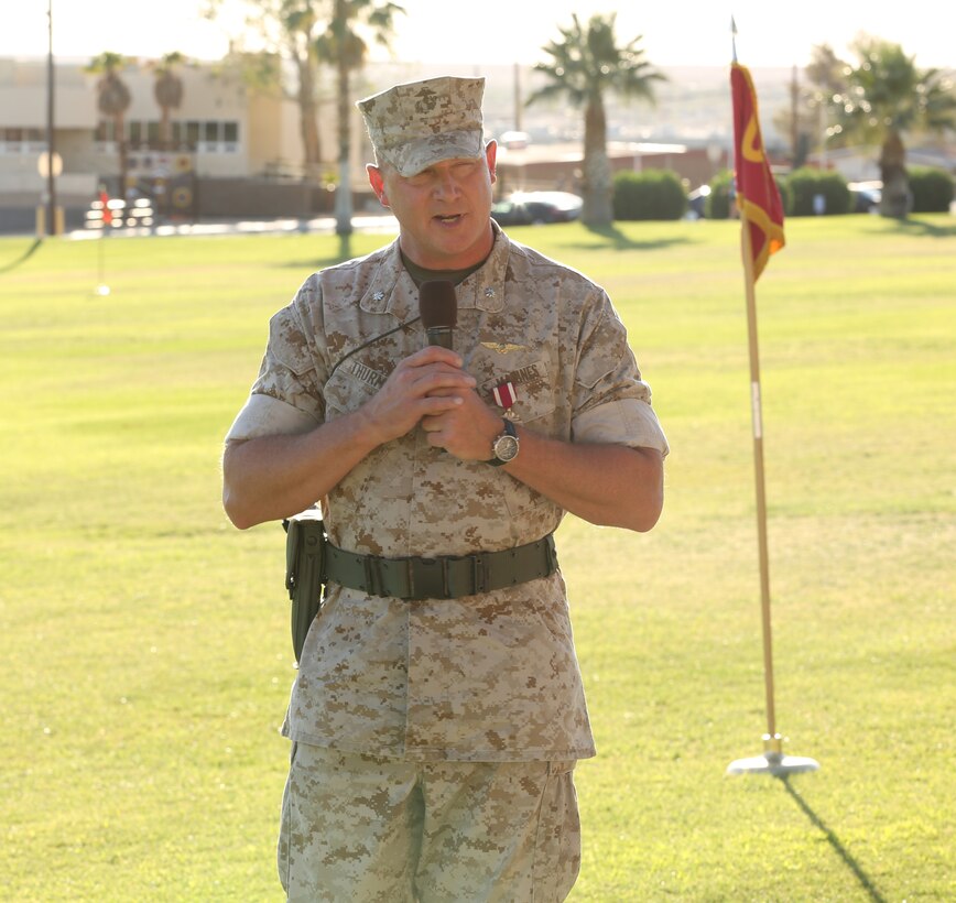 Lt. Col. John D. Thurman, former commanding officer, Unmanned Aerial Vehicle Squadron 3, makes his remarks during the squadron's change of command ceremony at Lance Cpl. Torrey L Gray Field, June 18, 2014. "In my 30 years in the Marine Corps, this has been the pinnacle and the highlight of my service," Thurman said.