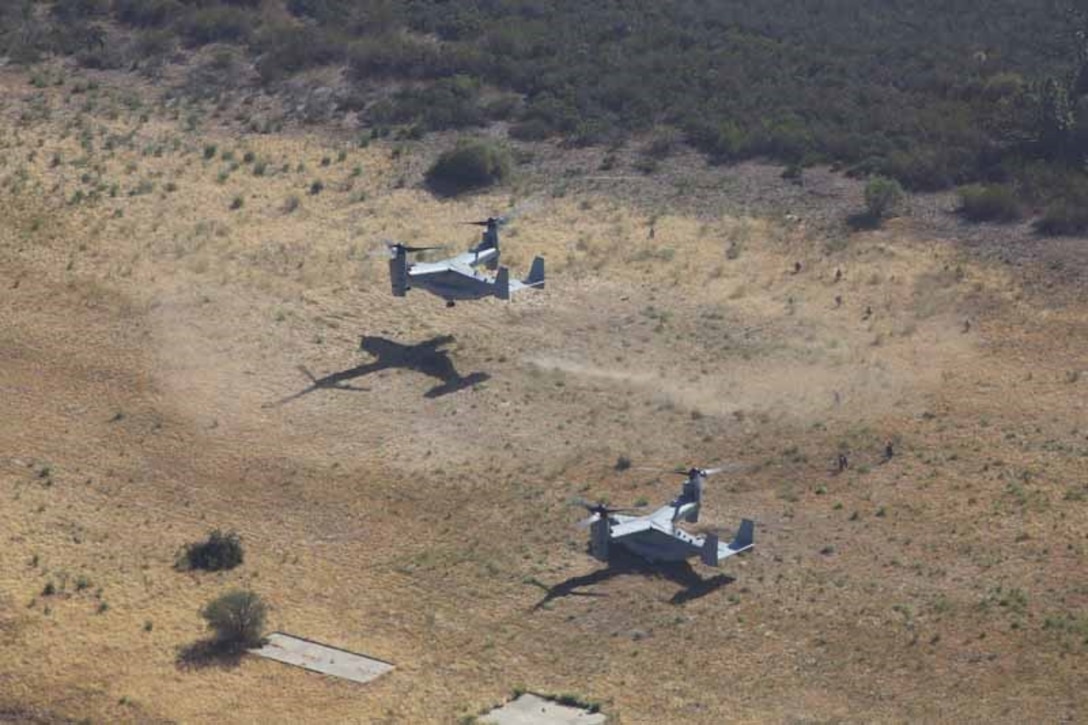 An MV-22B Osprey from Marine Medium Tiltrotor Squadron 163, 11th Marine Expeditionary Unit, lifts off during a tactical recovery of aircraft and personnel exercise as part of Certification Exercise on Camp Pendleton, California, June 15, 2014. CERTEX is comprised of a specific series of missions intended to evaluate and certify the 11th MEU for their upcoming deployment with the Makin Island Amphibious Ready Group. 