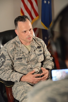 Chief Master Sgt. Matthew Caruso, the eighth Air Force Special Operations Command command chief, responds to questions May 12, 2014, in his first interview as the "senior sergeant" for the command. He returned to Hurlburt Field for his new job after recent posts at Cannon Air Force Base, N.M., and Bagram Air Base Afghanistan, and a tour in the Republic of Korea. (Air Force photo by Master Sgt. Steven Pearsall)
