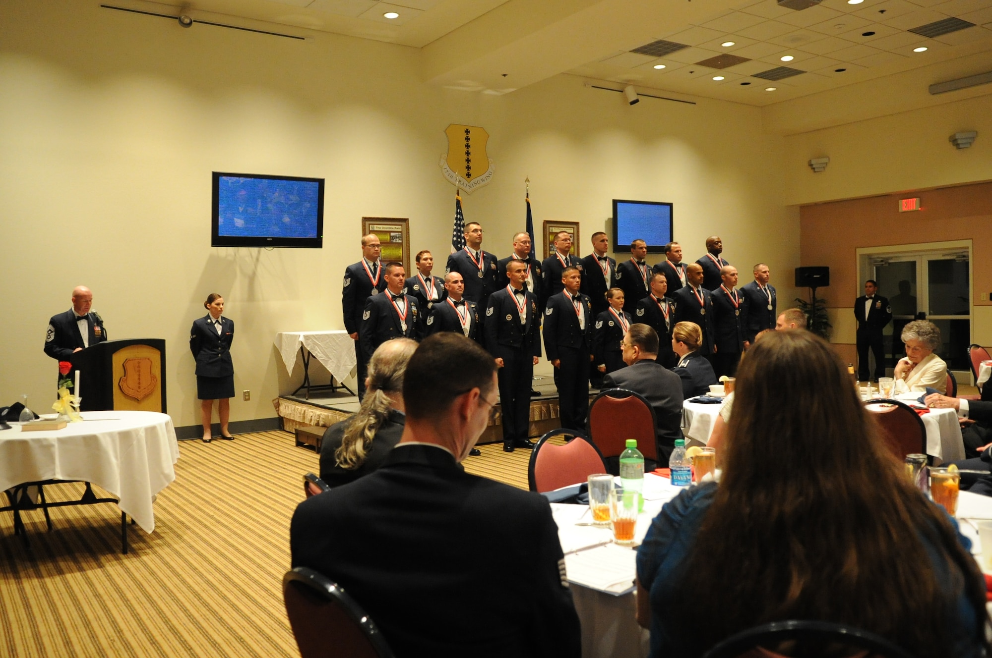 GOODFELLOW AIR FORCE BASE, Texas -- Chief Master Sgt. Thomas F. Good, 17th Training Wing Command Chief, administers the Senior NCO charge during the induction ceremony at the Event Center here June 13. The charge reiterates the responsibilities of a SNCO. (U.S. Air Force photo/ Staff Sgt. Laura R. McFarlane)