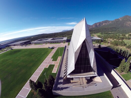 The exterior of the Cadet Chapel was  scanned with a remotely piloted aerial vehicle with GoPro camera this June 16 - 20. The data will be used  to detect structural problems, and virtual online tours of the chapel. (U.S. Air Force photo)
