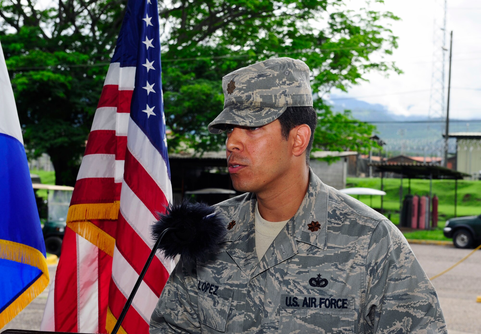 U. S. Air Force Maj. Andres Lopez addresses the Joint Task Force-Bravo Joint Security Forces at Soto Cano Air Base, Honduras during the change of command ceremony, June 18, 2014. Lopez assumed command from outgoing commander U. S. Air Force Maj. Robert Shaw, Jr. The mission of Joint Security Forces is to conduct installation security and provide security support for personnel recovery, search and rescue, counter-terrorism, counter-narcotics terrorism, disaster response, noncombatant evacuation order, and humanitarian/civic assistance in support of Joint Task Force-Bravo theater-wide operations.  (Photo by Martin Chahin)