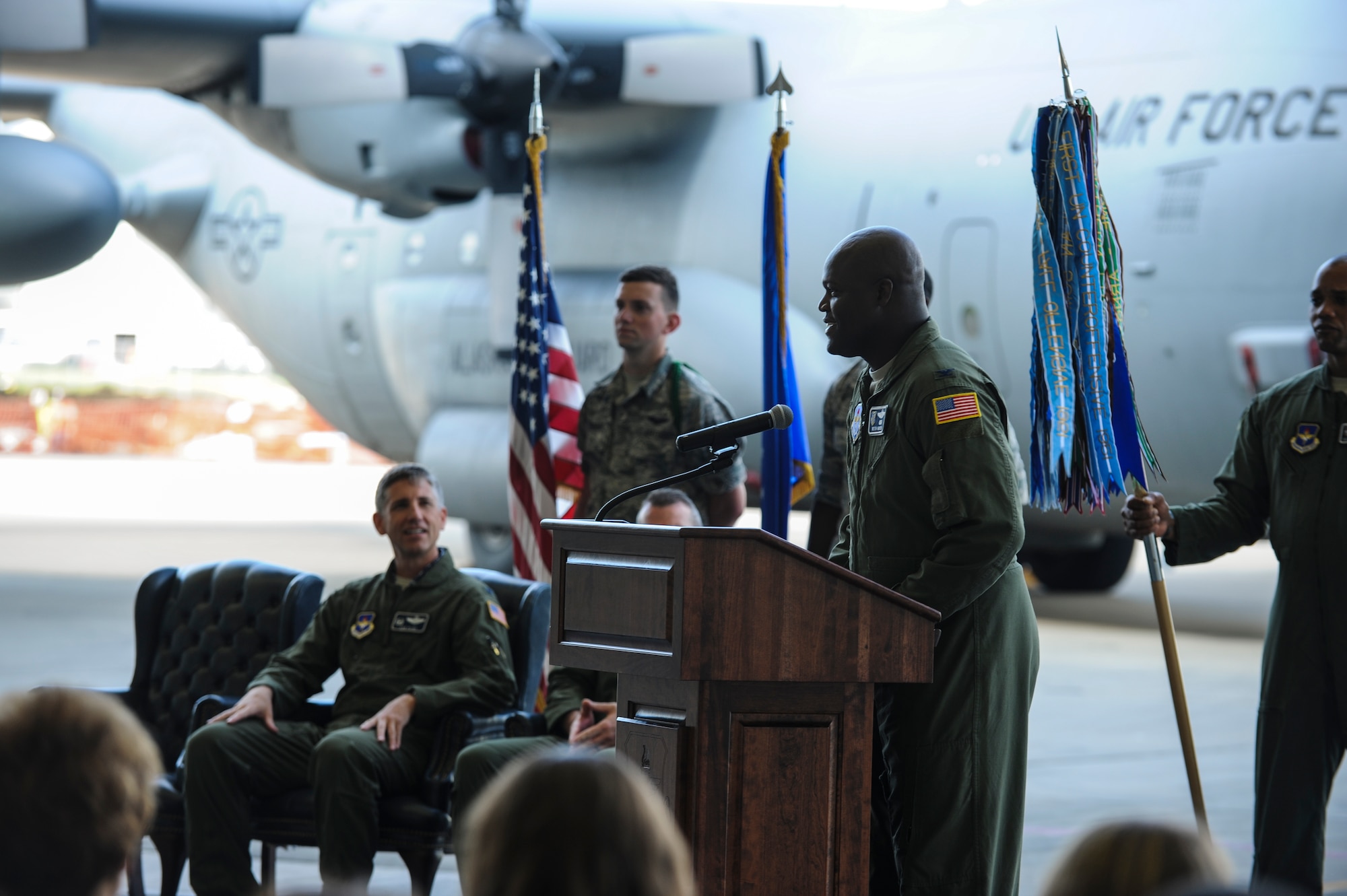 Col. Keith Green, 314th Airlift Wing vice commander, speaks during the 314th Operations Group change of command ceremony June 17, 2014, at Little Rock Air Force Base, Ark. Green officiated the ceremony where Col. Lee Flint relinquished command of the 314th OG to Lt. Col. Charles Bolton. (U.S. Air Force photo by Airman 1st Class Cliffton Dolezal)