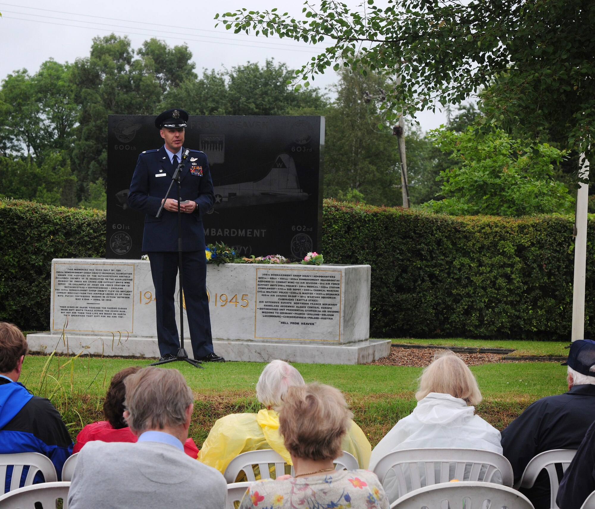 U.S. Air Force Lt. Col. Vincent Zaleski, 95th Reconnaissance Squadron commander, addresses veterans and family members of the 398th Bombardment Group (Heavy) during a Service of Commemoration June 14, 2014, at the Woodman Inn, Nuthampstead, England. Zaleski explained how the 95th RS can trace its heritage back to the 398th BG and how the tradition of the 398th BG still lives today. (U.S. Air Force photo/Staff Sgt. Rachel Waller/Released)