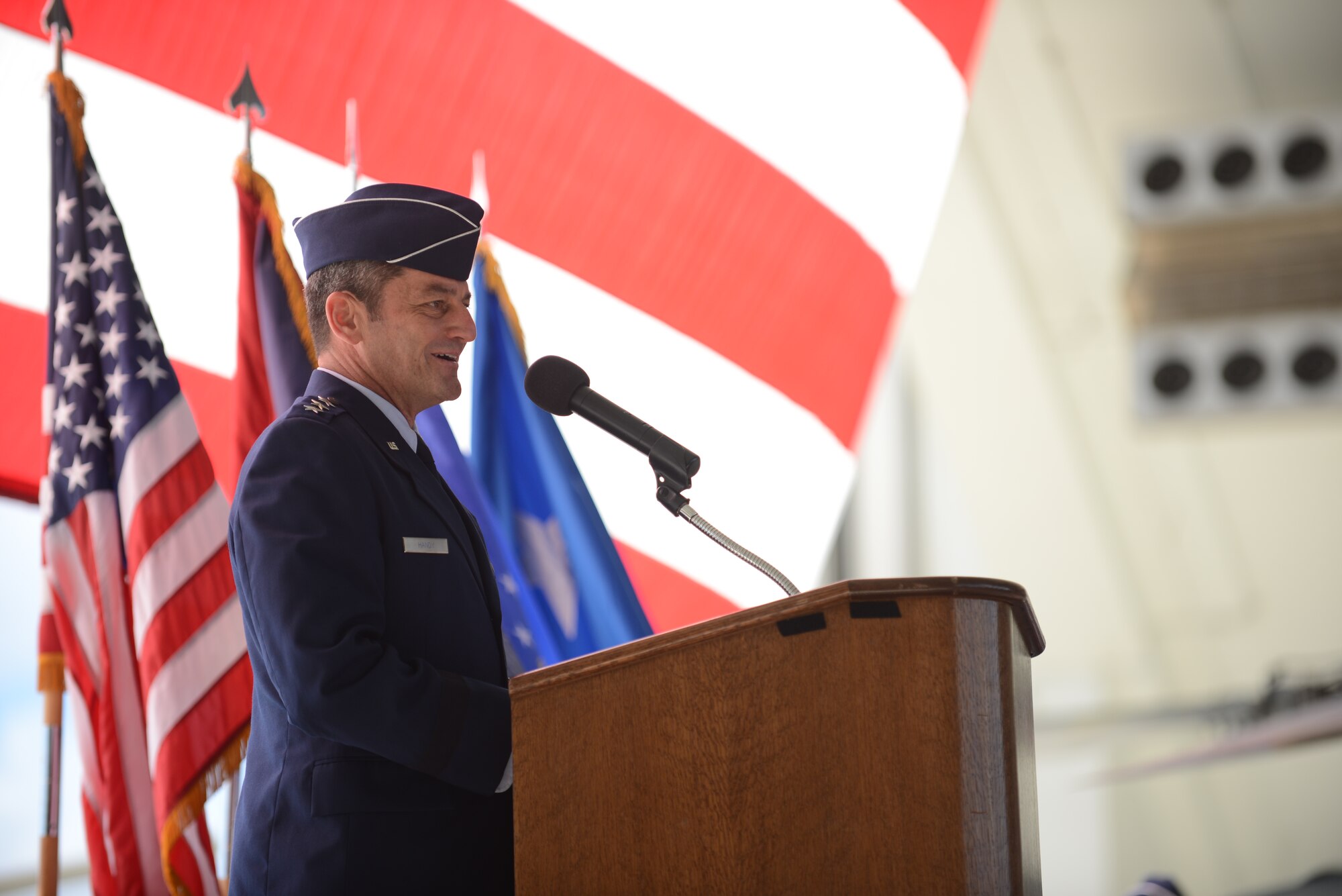 Lt. Gen. Russell Handy, 11th Air Force commander, speaks to Team Andersen during the 36th Wing Change of Command ceremony June 19, 2014 on Andersen Air Force Base, Guam. Handy officiated the transition of authority of the Wing from Brig. Gen. Steven Garland to Brig. Gen. Andrew Toth. (U.S. Air Force photo by Airman 1st Class Adarius D. Petty/Released)