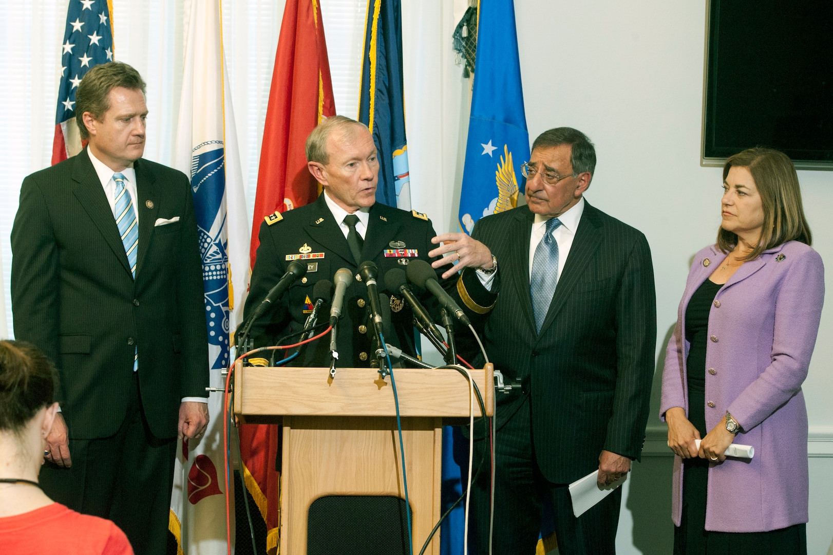 From left to right: Congressman Michael Turner (Ohio),  General Martin Dempsey, chairman of the Joint Chiefs of Staff, Secretary of Defense Leon E. Panetta, Congresswoman Loretta Sanchez (California) hold a press briefing at the House of Representatives in Washington D.C. on April 16, 2012. Secretary Panetta and General Dempsey along with Representatives of the Women's Caucus addressed new measures to combat sexual assault in the military. (DoD photo by Erin A. Kirk-Cuomo)