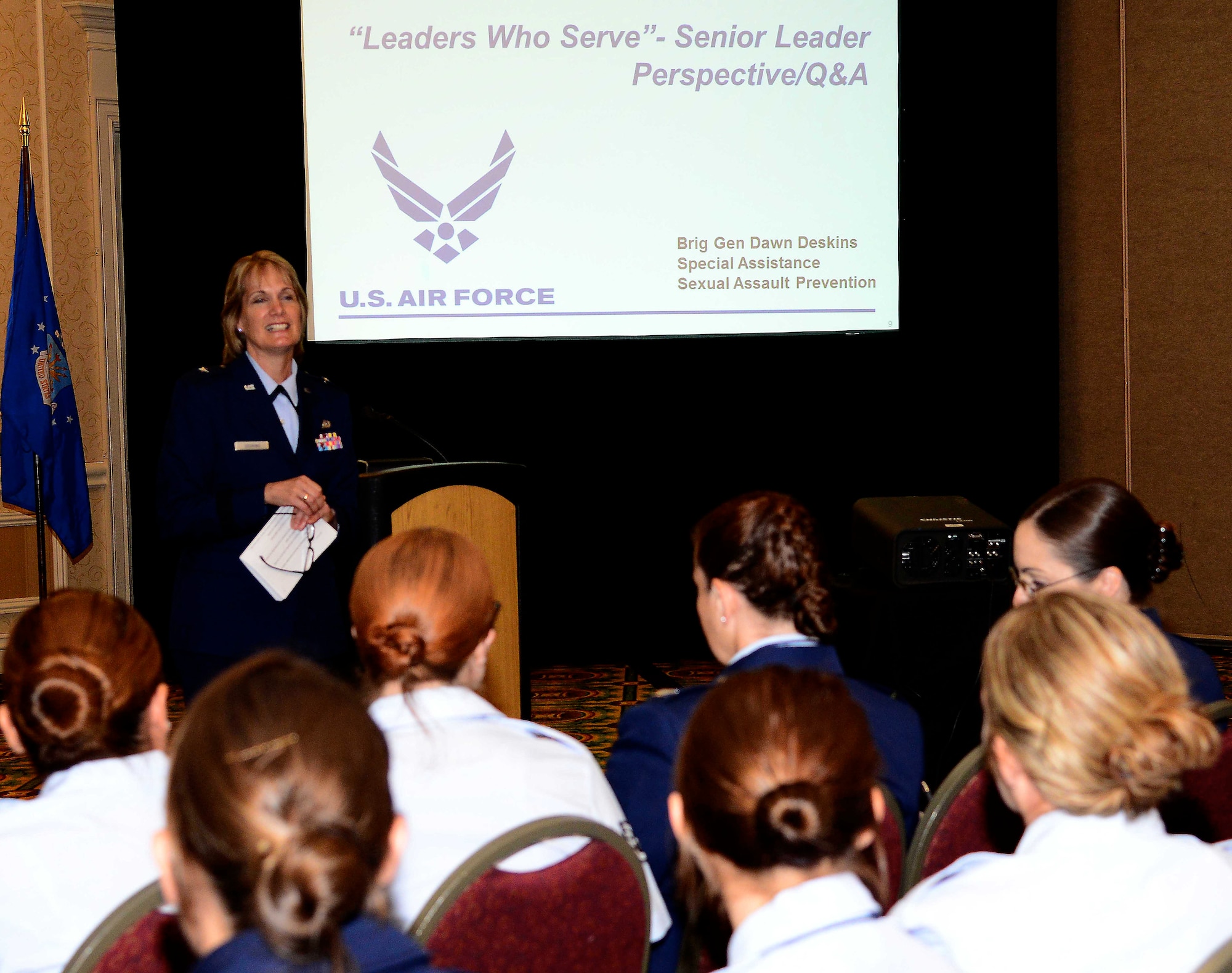 Brig. Gen. Dawne Deskinsencourages Airmen during the 27th Annual Joint Women’s Leadership Symposium June 13, 2014, in Norfolk, Va. The second day of the symposium was service specific and the Air Force sessions highlighted the perspective of the service’s senior leaders. Deskins is the  Air National Guard sexual assault prevention program officer.  (U.S. Air Force photo/Staff Sgt. Antoinette Gibson)