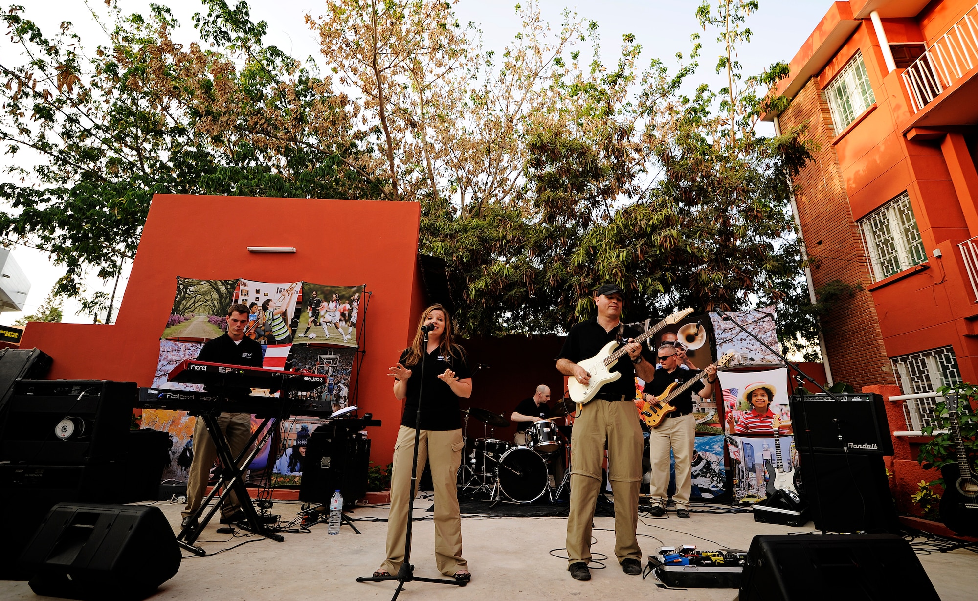 The U.S. Air Forces in Europe and Air Forces Africa band performs June 13, 2014, at a local university in Dakar, Senegal. USAFE-AFAFRICA Airmen are in Senegal for the African Partnership Flight, a program designed to improve communication and interoperability between regional partners in Africa. The band will be playing multiple venues in the area to inspire children and musicians through the universal language of music. (U.S. Air Force photo/Staff Sgt. Ryan Crane)