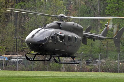 The first of four UH-72A Lakota helicopters - that will be part of the
Maryland Army National Guard's fleet used for civil support, search and rescue and homeland security missions - takes off at Camp Fretterd, Maryland with senior members of the Maryland National Guard aboard for the inaugural flight April 18, 2012. The flight was crewed by Army Lt. Col. Michael Whelan, commander for the Maryland Army National Guard's 1st Battalion, 224th Aviation Regiment, Army Chief Warrant Officer 2 Renonzo Belcher, a Lakota pilot and a Baltimore police flight officer and Army Staff Sgt. Joseph Beale, who was the flights crew chief.