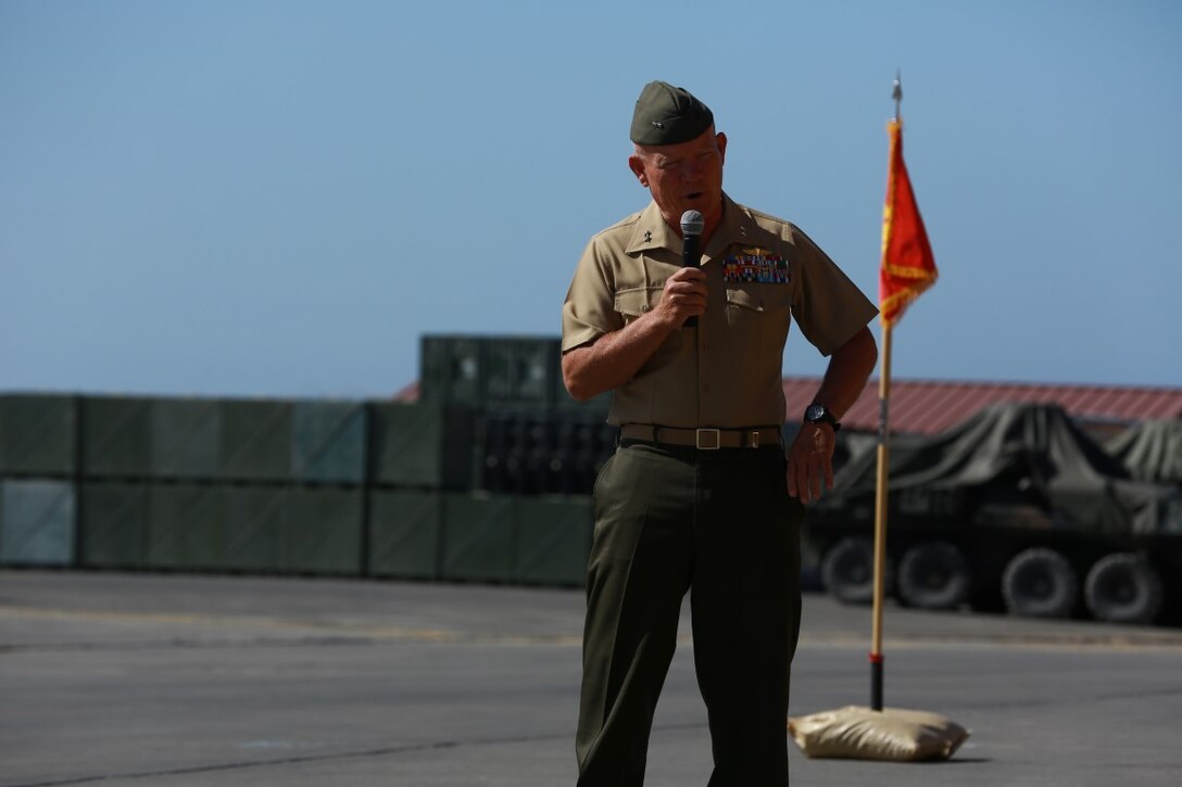 Major Gen. Lawrence Nicholson, Commanding General, 1st Marine Division, I Marine Expeditionary Force, addresses Marines, sailors, friends and family during 1st Light Armored Reconnaissance Battalion’s change of command ceremony aboard Camp Pendleton, Calif., June 19, 2014. During the ceremony, Lt. Col. Gilbert D. Juarez relinquished command of the Highlanders to Lt. Col. Christian M. Rankin. (U.S. Marine Corps photo by Lance Cpl. Anna Albrecht)