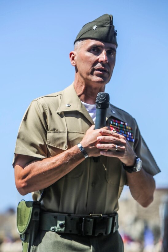 Lieutenant Col. Andrew Winthrop, the former commanding officer of 1st Combat Engineer Battalion, 1st Marine Division, talks about his experiences as commanding officer at the 1st CEB change of command ceremony aboard Camp Pendleton, Calif., June 18, 2014. At the ceremony Winthrop relinquished command of 1st CEB to Lt. Col. Colin Smith.