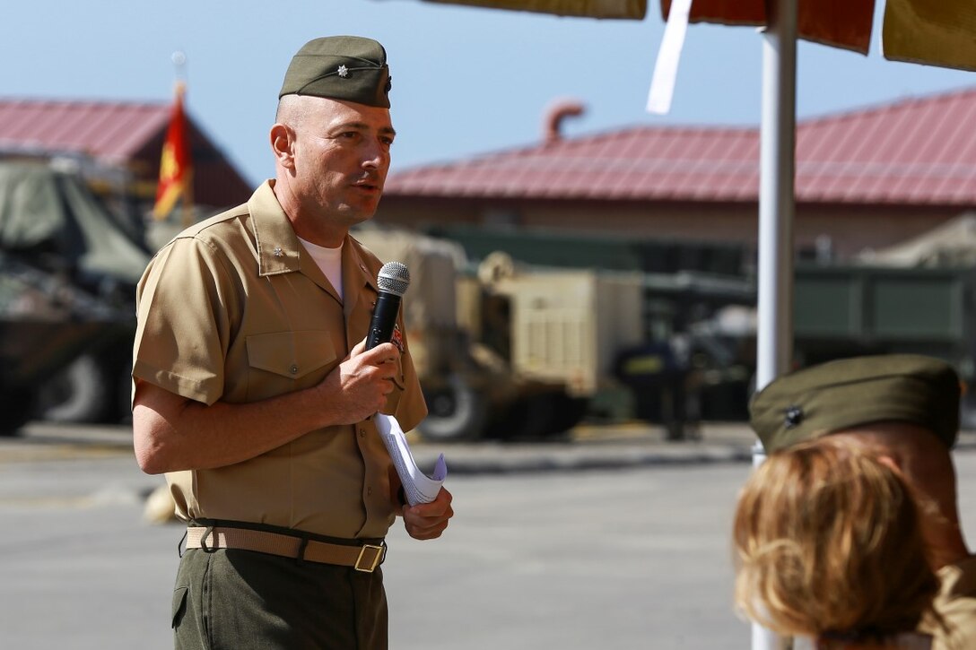 Col. Gilbert D. Juarez, former commanding officer of 1st Light Armored Reconnaissance Battalion, 1st Marine Division, I Marine Expeditionary Force, addresses Marines, sailors, friends and family during a change of command ceremony aboard Camp Pendleton, Calif., June 19, 2014. During the ceremony, Juarez relinquished command of the Highlanders to Lt. Col. Christian M. Rankin. (U.S. Marine Corps photo by Lance Cpl. Anna Albrecht)