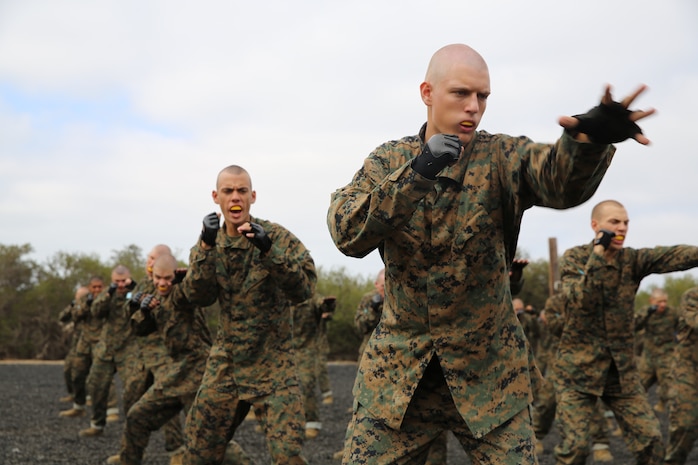 Recruit Spencer J. Hamono, Platoon 3265, Mike Company, 3rd Recruit Training Battalion, throws an eye gauge during Marine Corps Martial Arts Program training aboard Marine Corps Recruit Depot San Diego, June 13. As a recruit training requirement, recruits are expected to learn the basics of MCMAP during their 12 weeks aboard the depot. Hamono is a Roseville, Calif., native and was recruited from Recruiting Sub Station Roseville.