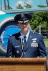 Lt. Col. Benjamin Menges, 65th Airlift Squadron commander, addresses the audience during a change of command ceremony on the Joint Base Pearl Harbor-Hickam flightline June 20, 2014. Menges takes over for Lt. Col. Brian Mackey. (U.S. Air Force photo/Tech. Sgt. Terri Paden)