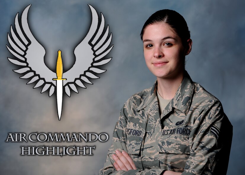 U.S. Air Force Senior Airman Kyna Lunsford, 27th Special Operations Force Support Squadron re-enlistments and extensions technician, poses for a photo May 29, 2014 at Cannon Air Force Base, N.M. Lunsford was selected as a Diamond Sharp Award recipient for the month of May because of her outstanding work and commitment to the mission. (U.S. Air Force photo/Senior Airman Xavier Lockley)