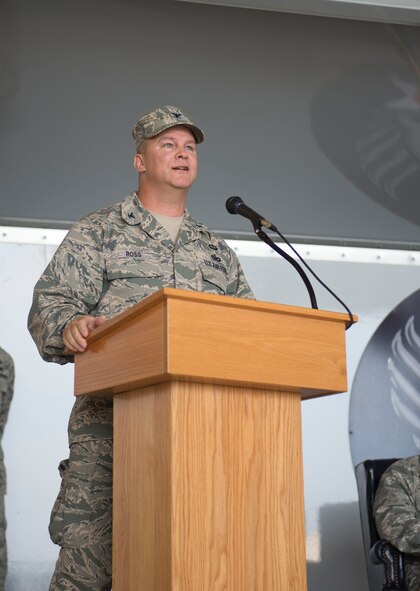 U.S. Air Force Col. Mike Ross, 820th Base Defense Group commander, gives remarks to close the 820th BDG change of command ceremony at Moody Air Force Base Ga., June 20, 2014. Ross was previously assigned to Moody as the 820th Base Defense Group deputy commander from 2002 to 2004. (U.S. Air Force photo by Airman Dillian Bamman/Released)