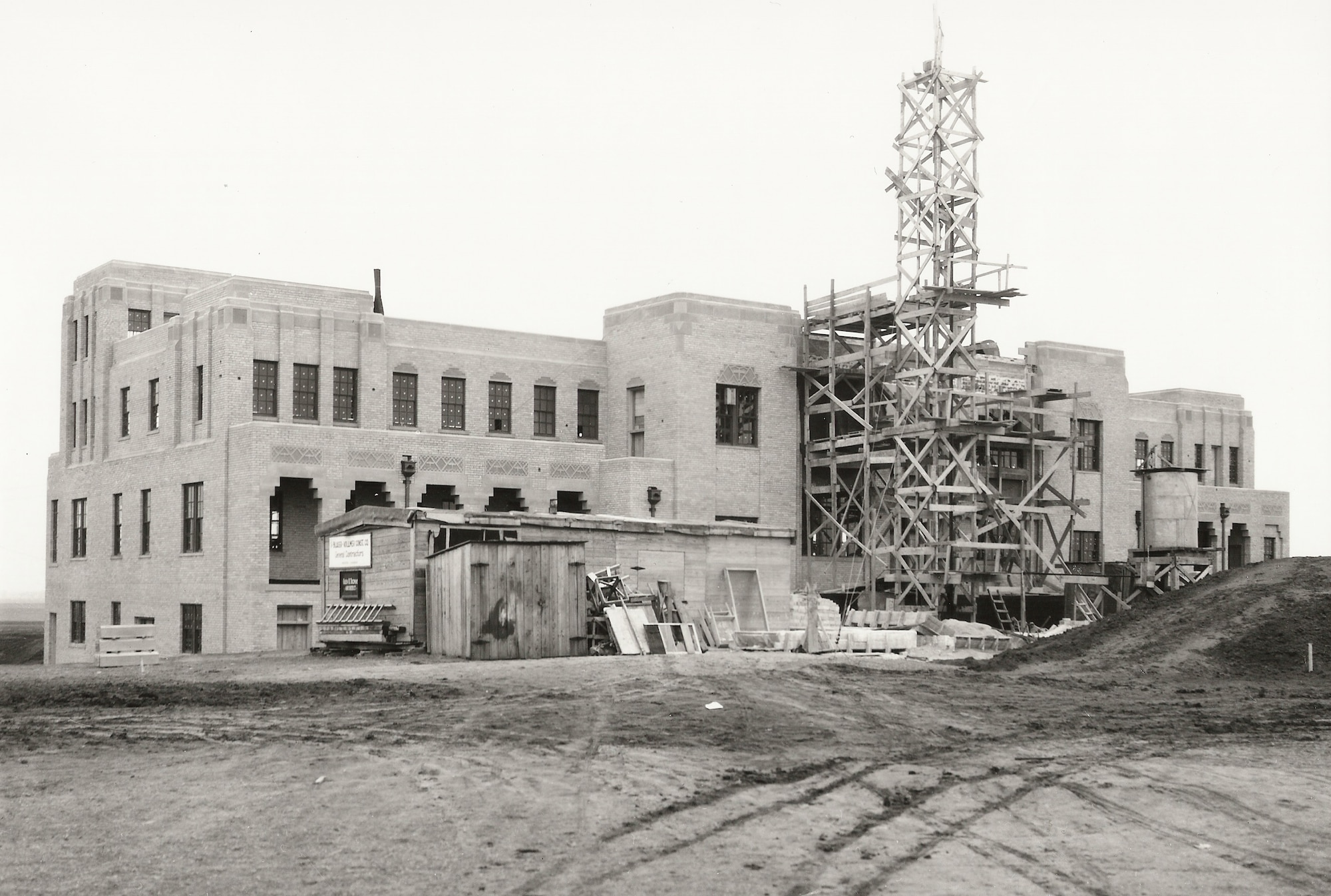 The Wichita Municipal Airport terminal building under construction ca. 1930.  When the USAF arrived at McConnell in 1951, the structure was designated as Building One and served as wing headquarters. The old airport building now houses the Kansas Aviation Museum. (Courtesy photo)