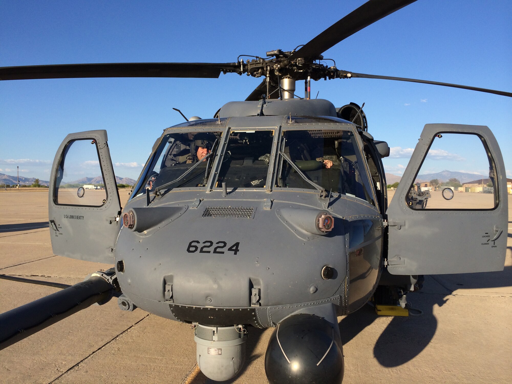 An HH-60G Pave Hawk helicopter at Davis-Monthan Air Force Base, Ariz., taxis on the runway June 19, 2014. In conjunction with its wartime mission of combat search and rescue, the Pave Hawk is used for civil search and rescue, emergency aeromedical evacuation disaster relief and counterdrug activities. (U.S. Air Force photo/2nd Lt. Anna-Marie Wyant)