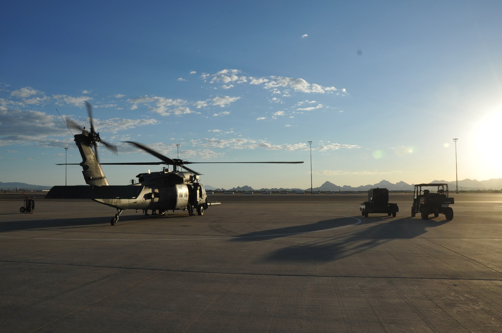 A 943rd Rescue Group HH-60G Pave Hawk helicopter at Davis-Monthan Air Force Base, Ariz., taxis on the runway June 19, 2014. In conjunction with its wartime mission of combat search and rescue, the Pave Hawk is used for civil search and rescue, emergency aeromedical evacuation disaster relief and counterdrug activities. (U.S. Air Force photo/Senior Airman Natasha Dowridge)
