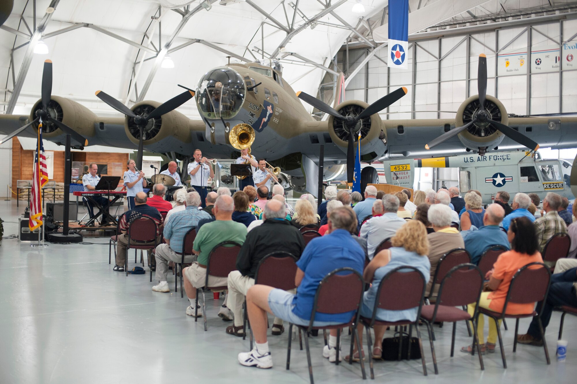 The U.S. Air Force Heritage of America Band Heritage Ramblers plays for a crowd June 14, 2014, at the Air Mobility Command Museum on Dover Air Force Base, Del. The band played New Orleans style jazz in observance of Flag Day. (U.S. Air Force photo/Senior Airman Jared Duhon)