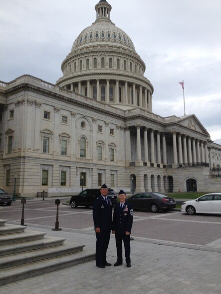 Col. Raymond A. Kozak, 512th Airlift Wing commander, and Chief Master Sgt. Brad E. Ferguson, 512th AW command chief, visited with congressmen in Washington, D.C., June 19-20, 2014, as part of the Air Force Reserve Command's Capitol Hill Visit Program, which provides an opportunity for military leaders to address issues affecting the Air Force Reserve on Capitol Hill. The reserve commander and command chief met with Delaware’s legislators and staffers of Maryland and Pennsylvania representatives. (Submitted photo)