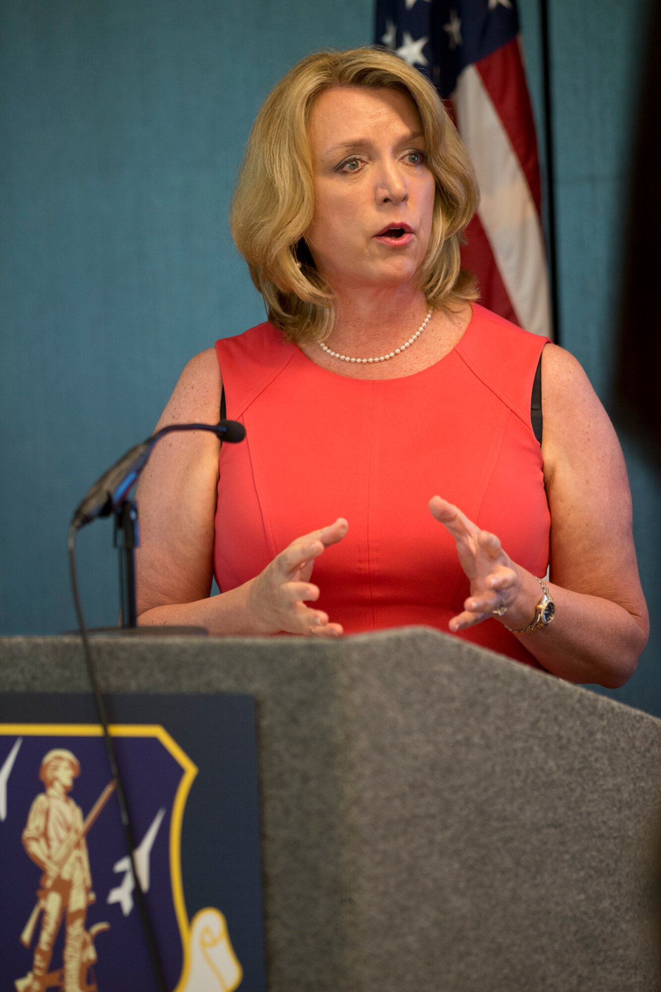 Secretary of the Air Force Deborah Lee James addresses Air and Army National Guard commanders attending the Commander's Development Course at Joint Base Andrews, Md., June 19, 2014. Secretary James discussed current issues and future challenges facing the total force. (U.S. Air National Guard photo by Master Sgt. Marvin R. Preston/Released)