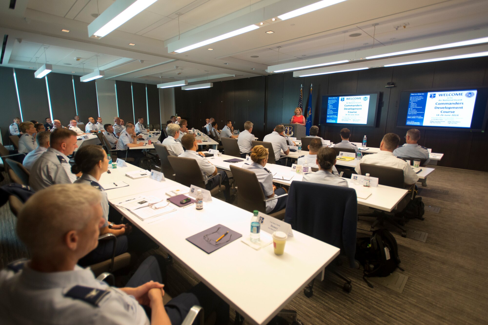 Secretary of the Air Force Deborah Lee James addresses Air and Army National Guard commanders attending the Commander's Development Course at Joint Base Andrews, Md., June 19, 2014. Secretary James discussed current issues and future challenges facing the total force. (U.S. Air National Guard photo by Master Sgt. Marvin R. Preston/Released)
