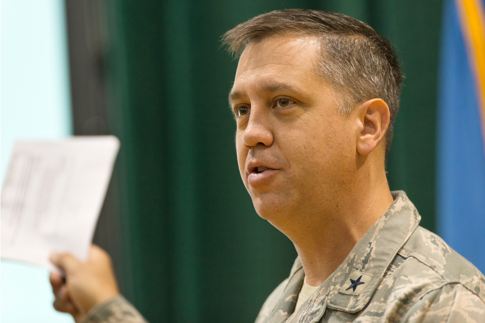 Brig. Gen. Michael R. Taheri, commander of the Air National Guard Readiness Center, addresses Airmen and other ANG personnel during a Sexual Assault Prevention and Response stand-down at Joint Base Andrews, Md., June 19, 2014. The purpose of the SAPR stand-down is to foster a climate of accountability while reinforcing the Department of Defense’s position that sexual assault will not be tolerated, condoned or ignored. (U.S. Air National Guard photo by Master Sgt. Marvin R. Preston/Released)