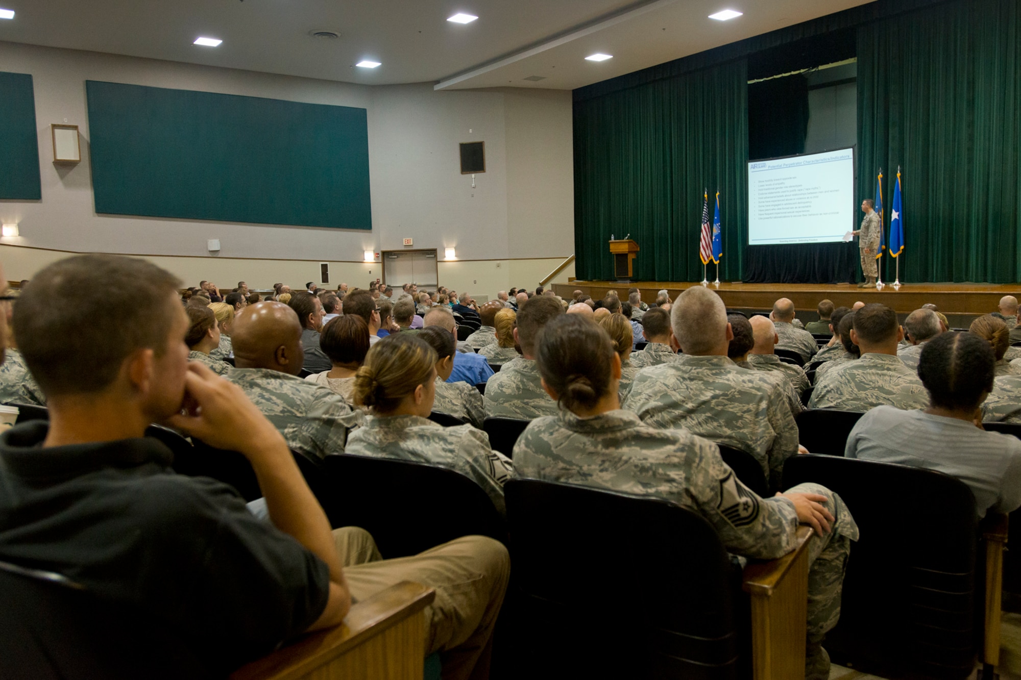 Brig. Gen. Michael R. Taheri, commander of the Air National Guard Readiness Center, addresses Airmen and other ANG personnel during a Sexual Assault Prevention and Response stand-down at Joint Base Andrews, Md., June 19, 2014. The purpose of the SAPR stand-down is to foster a climate of accountability while reinforcing the Department of Defense’s position that sexual assault will not be tolerated, condoned or ignored. (U.S. Air National Guard photo by Master Sgt. Marvin R. Preston/Released)