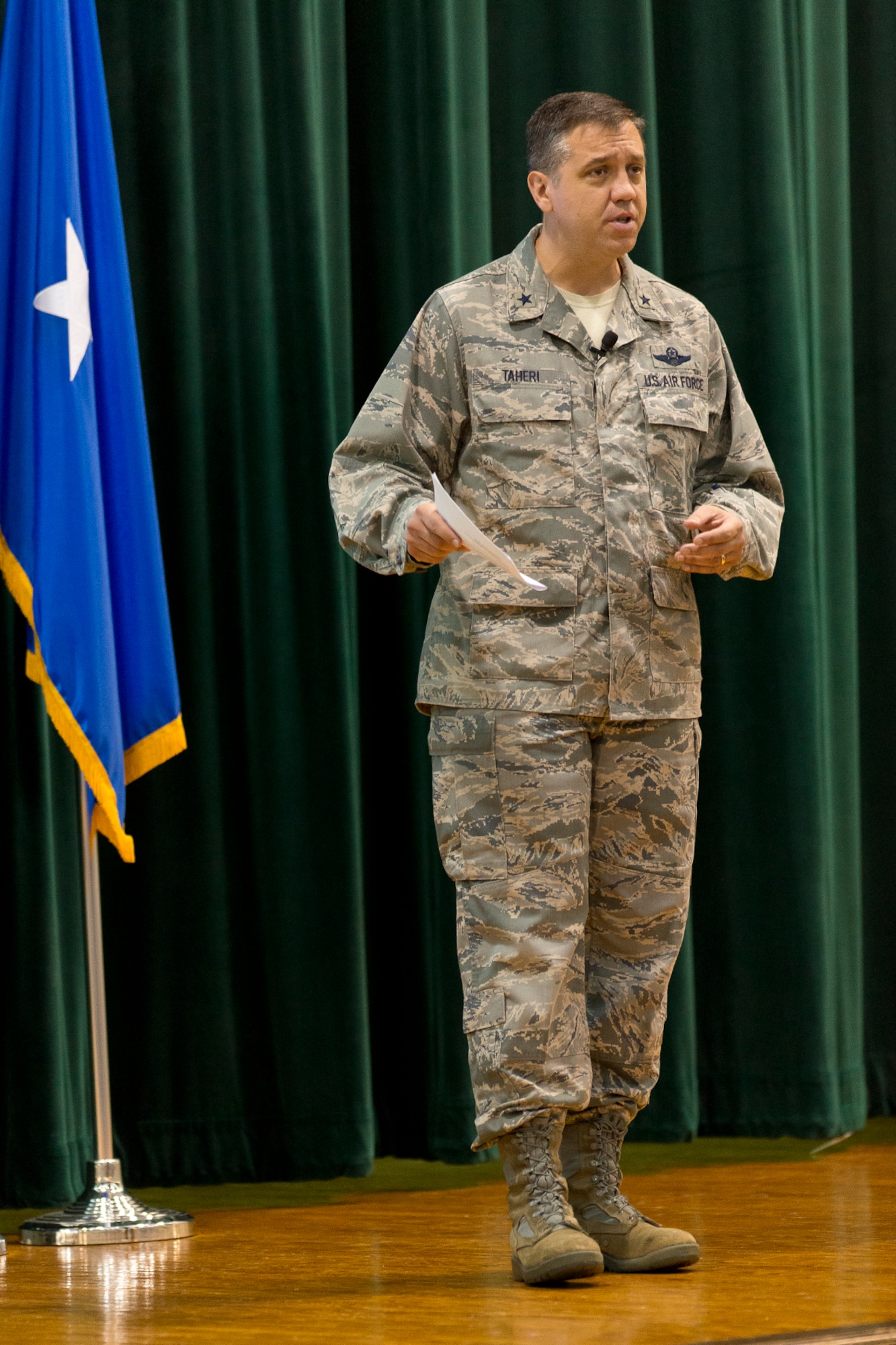 Brig. Gen. Michael R. Taheri, commander of the Air National Guard Readiness Center, addresses Airmen and other ANG personnel during a Sexual Assault Prevention and Response stand-down at Joint Base Andrews, Md., June 19, 2014. The purpose of the SAPR stand-down is to foster a climate of accountability while reinforcing the Department of Defense’s position that sexual assault will not be tolerated, condoned or ignored. (U.S. Air National Guard photo by Master Sgt. Marvin R. Preston/Released