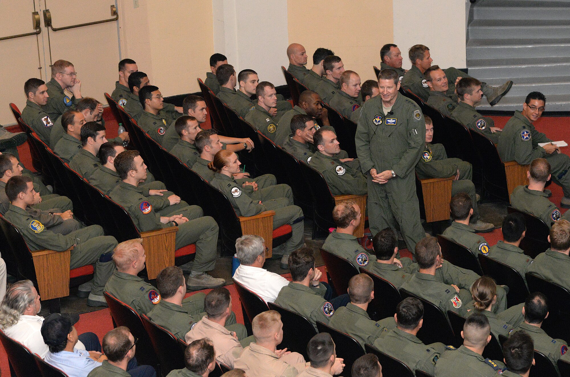 Gen. Robin Rand, Air Education and Training Command commander, Joint Base San Antonio-Randolph, Texas, holds an “all call” in the Fleenor Auditorium, with members of the 12th Flying Training Wing, JBSA-Randolph, June 13, 2014. Rand and Chief Master Sgt. Gerardo Tapia, AETC command chief, met with leadership and toured several 12th FTW squadrons during a site visit of the 12th Flying Training Wing, JBSA-Randolph.  (U.S. Air Force photo by Johnny Saldivar)