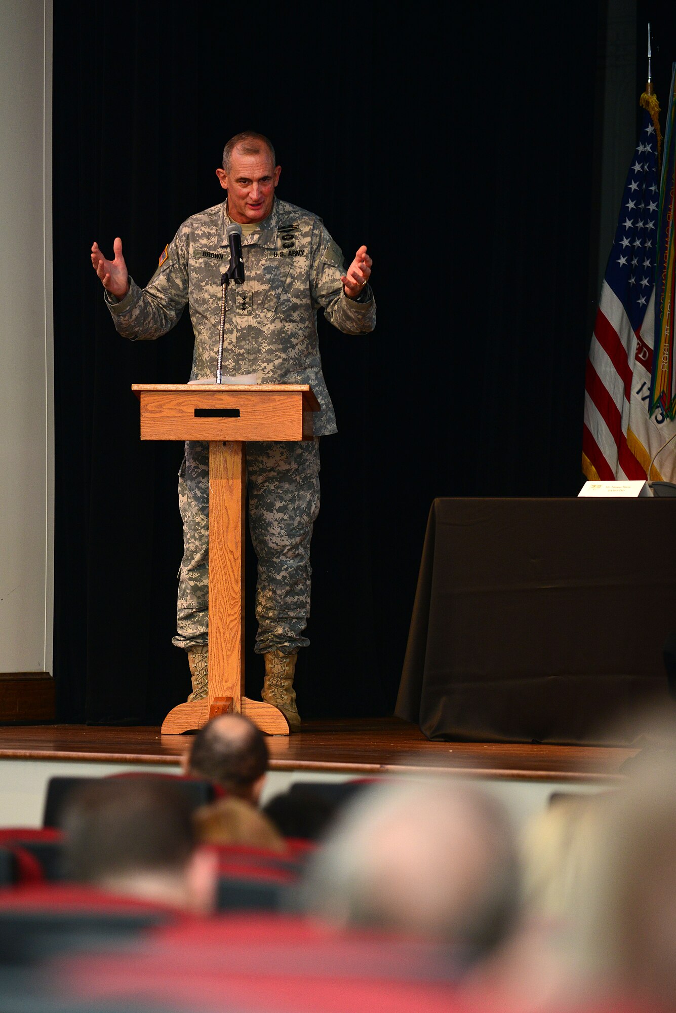 U.S. Army Lt. Gen. Robert Brown, Combined Arms Center and Fort Leavenworth, Ks. commanding general, spoke to a crowd during the Training and Education 2025 Industry Forum at Fort Eustis, June 18, 2014. The purpose of the forum was to brief industry partners on current gaps in education and training and express desired capabilities for the Army in 2025 and beyond. (U.S. Air Force photo by Airman 1st Class Kimberly Nagle/Released)
