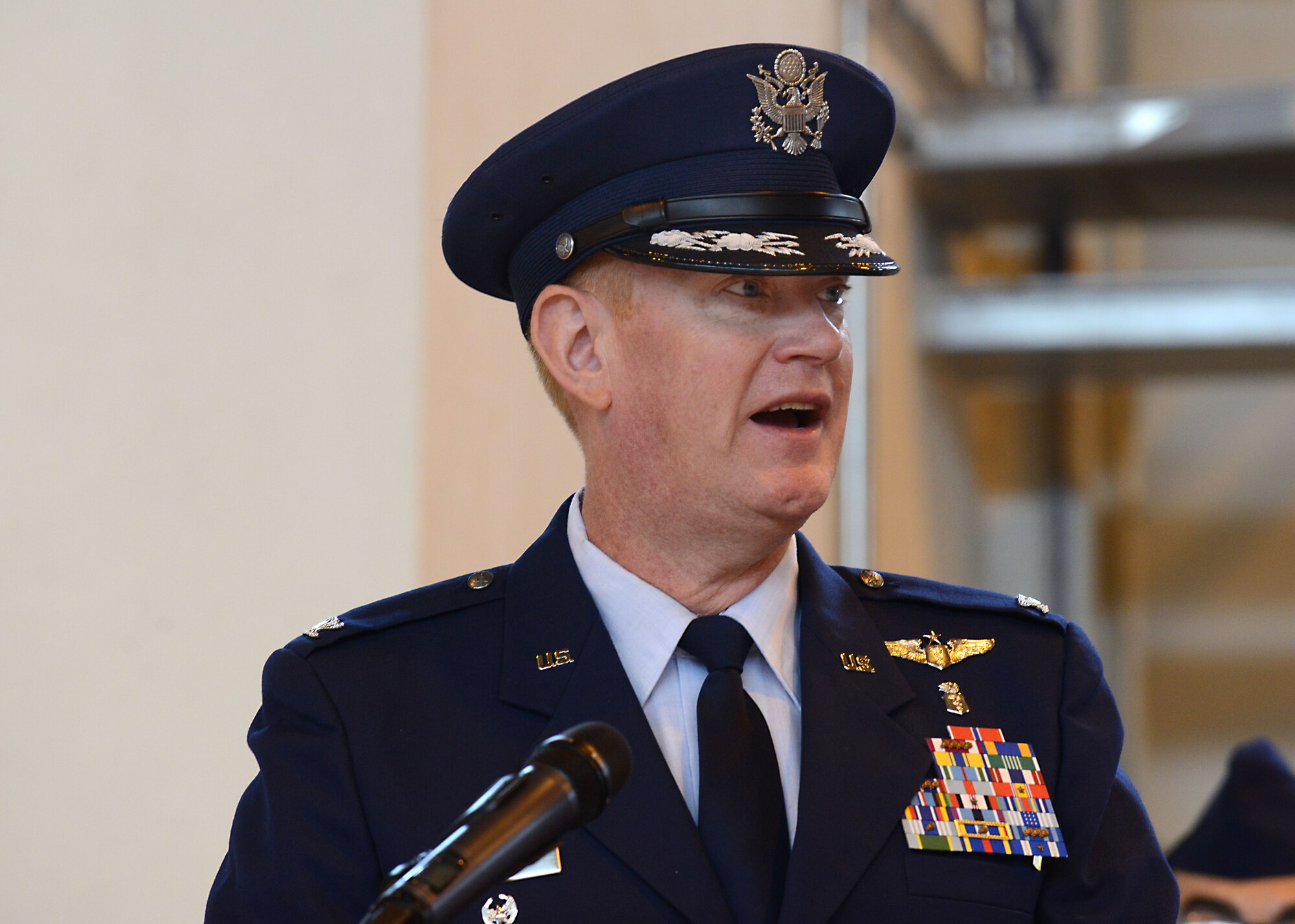 Col. J. Scott Calder, 31st Medical Group commander, speaks to Team Aviano members during the group’s change of command ceremony, June 20, 2014, at Aviano Air Base, Italy. Calder previously served as the 59th Medical Operations Group deputy commander at Joint Base San Antonio-Lackland Air Force Base, Texas. (U.S. Air Force photo/Airman 1st Class Ryan Conroy) 


