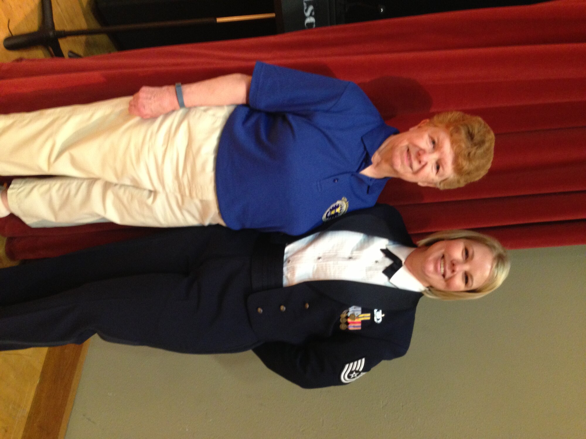 Beverly Passwaters, a former member of the Women in the Air Force Band, attended a U.S. Air Force Band of the Golden West concert in Corvallis, Oregon, June 8, 2014, and met Tech. Sgt. Anna Andrew. Both women play the clarinet. (U.S. Air Force photo/ Master Sgt. Sherry Garza)