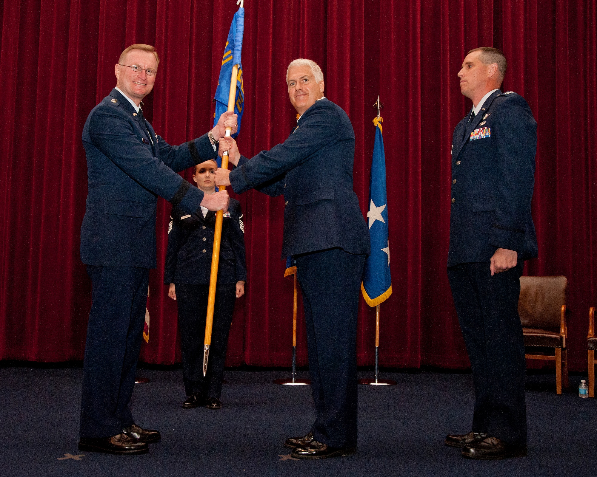 Lt Gen David Fadok, Commander and President, Air University, Col Doral “Ned” Sandlin, incoming Commander and Vice Chancellor, AFIT, and Col Timothy Lawrence, outgoing Commander and Vice Chancellor, AFIT (Air Force photo)