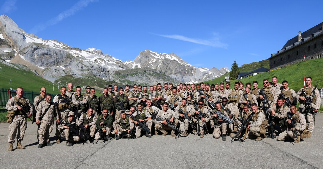 U.S. Marines of Kilo Company, 3rd Battalion 8th Marines, Special-Purpose Marine Air-Ground Task Force Crisis Response and soldiers of the Spanish 64th Mountain Infantry Battalion spent a week training at the Candanchú Mountain Training Camp, Spain, June 12, 2014. The training was conducted in an effort to demonstrate their commitment to military friendship, strategic partnership and regional and global security. (U.S. Marine Corps photo by Lance Cpl. Alexander Hill/Released)
