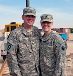 Army Sgt. 1st Class Brian Dale, a Black Hawk helicopter maintenance platoon sergeant, D Company, 1st Battalion, 108th Aviation Regiment, Kansas Army National Guard and Army Staff Sgt. Danielle Burke, a human resource specialist, Headquarters and Headquarters Company, 1-108th Aviation, both natives of Topeka, Kansas, pose for a photo here, Feb. 11. They have been married for roughly nine months and have been here for four of those months. Third Army is dedicated to shaping the future by supporting families deployed together.