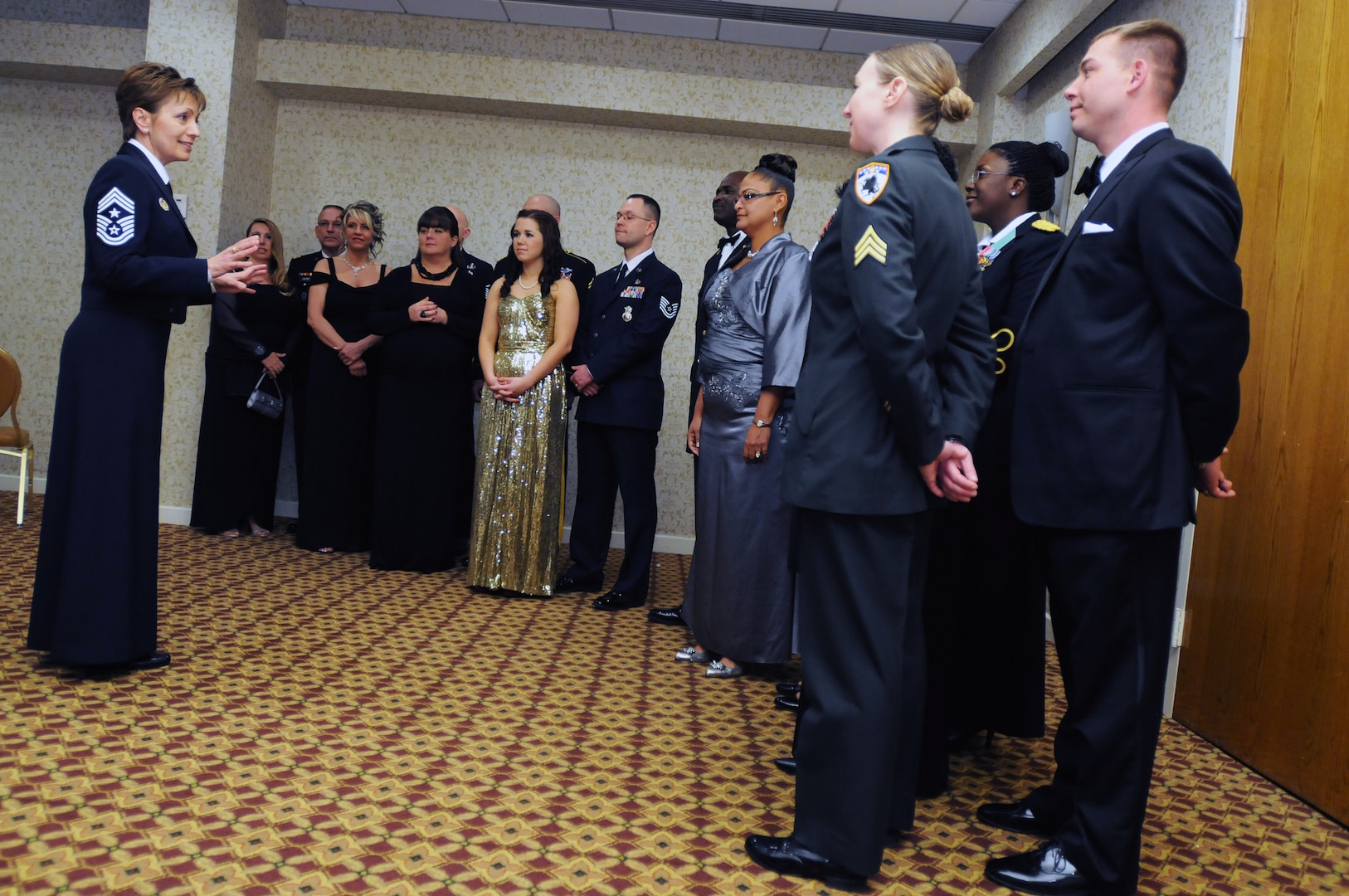 Air Force Chief Master Sgt. Denise Jelenski-Hall, senior enlisted leader of the National Guard Bureau, speaks to the eight Guard members and their guests who were selected to represent the Army and Air National Guards at a dinner hosted by the Obamas, Feb. 29, 2012, at the White House. The dinner, held in honor of all Iraq War veterans, included service members from each military branch.