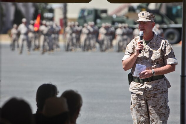 Navy Capt. Theodore P. Briski, commanding officer, 1st Medical Battalion, 1st Marine Logistics Group, addresses Marines, sailors, family and friends during the battalion’s change of command ceremony aboard Camp Pendleton, Calif., June 17, 2014. Navy Capt. James A. LeTexier, commanding officer, 1st Med. Bn., passed on the command of the battalion to Briski, who recently served as the executive officer of Naval Hospital Lemoore, Calif.