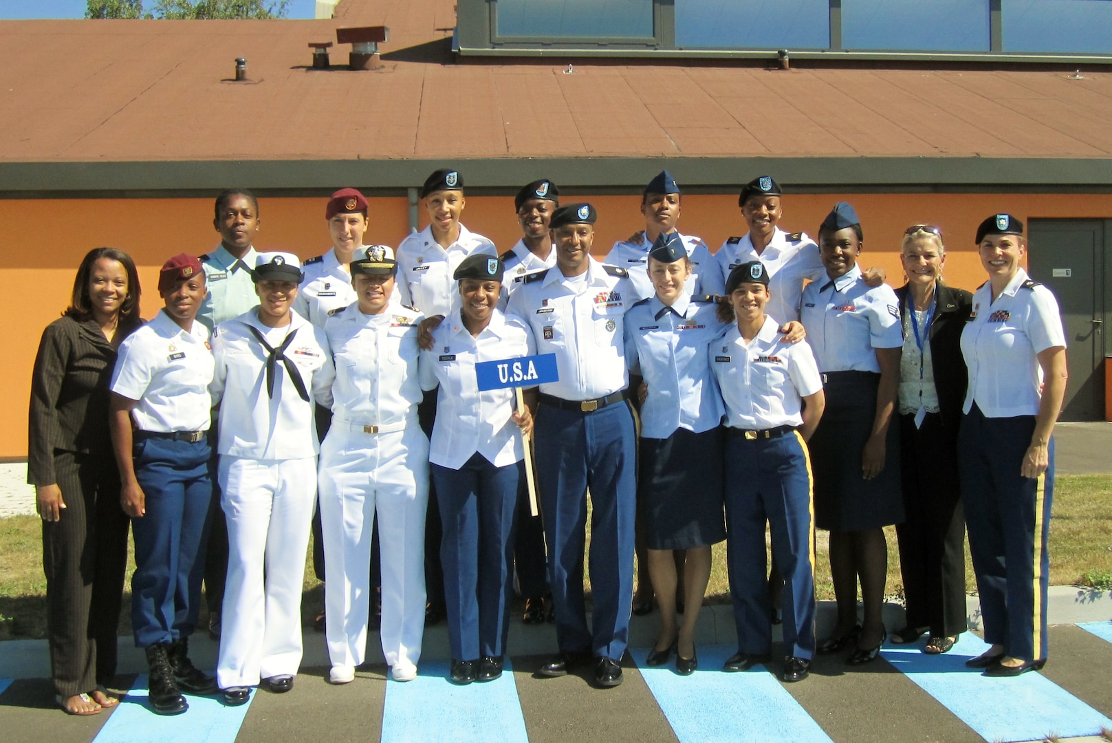 The U.S. Armed Forces Women’s Basketball team competed in the 2014 Conseil International du Sport Militaire (CISM) Basketball Championship in Meyenheim, France from 15-22 June.

Bottom Row (L-R)
Ms. Tonya Strobridge, SPC Kquanise Byrd, PO3 Talena Faison, LTJG Angela Myers, SPC Angela Tisdale, LTC William Johnson, 2d Lt Micah Wessinger, CPT Vanessa Ramirez, 
Top Row (L-R)
SrA Sabrina Jones, Ms. Claudia Berwager, LTC Debra McNamara, SSG April Cromartie-Golden, CPT Caitlin Chiaramonte, SPC Danielle Salley, SGT Kimbery Smith, PO2 Syreeta Bromfield, SGT Evelyn Edwards
