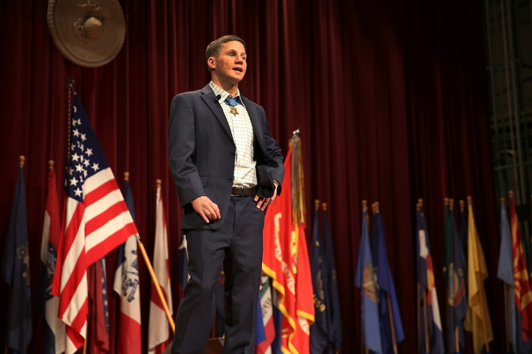 Medal of Honor recipient Cpl. William “Kyle” Carpenter visited Marines on Camp Pendleton, June 23. Carpenter met and talked with Marines at the base theater, answering their questions and sharing his personal experience. Carpenter then met and took photos with units from across Camp Pendleton. 

Carpenter received the Medal of Honor during a ceremony at the White House on June 19, 2014 for his courageous actions while serving as an automatic rifleman in Helmand province, Afghanistan on Nov. 21, 2010. 

For more information about Cpl. Kyle Carpenter please visit http://www.marines.mil/moh/medalofhonor.aspx