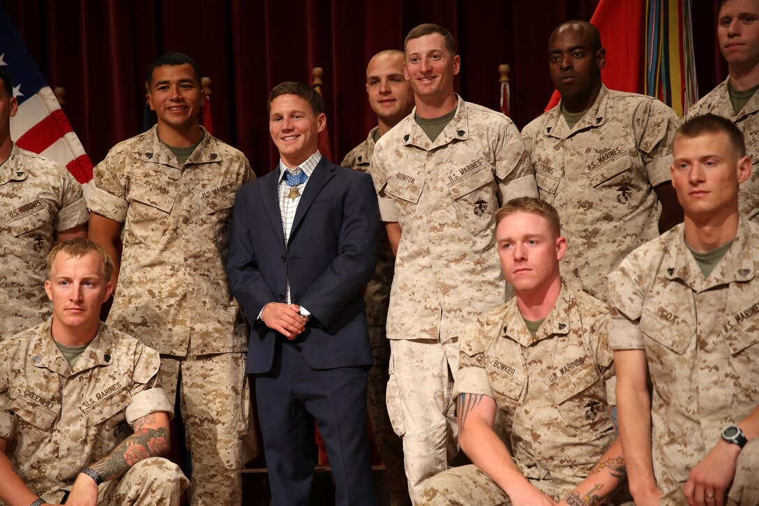 Medal of Honor recipient Cpl. William “Kyle” Carpenter visited Marines on Camp Pendleton, June 23. Carpenter met and talked with Marines at the base theater, answering their questions and sharing his personal experience. Carpenter then met and took photos with units from across Camp Pendleton. 

Carpenter received the Medal of Honor during a ceremony at the White House on June 19, 2014 for his courageous actions while serving as an automatic rifleman in Helmand province, Afghanistan on Nov. 21, 2010. 

For more information about Cpl. Kyle Carpenter please visit http://www.marines.mil/moh/medalofhonor.aspx