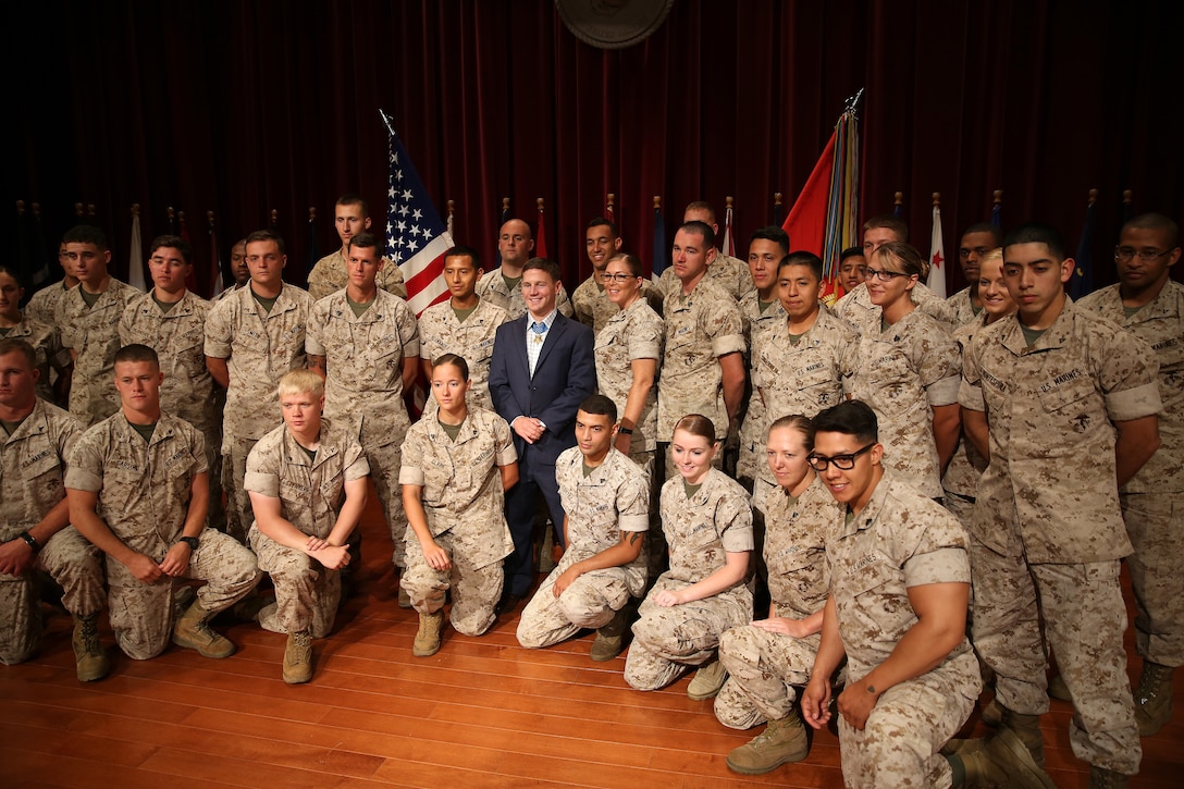 Medal of Honor recipient Cpl. William “Kyle” Carpenter visited Marines on Camp Pendleton, June 23. Carpenter met and talked with Marines at the base theater, answering their questions and sharing his personal experience. Carpenter then met and took photos with units from across Camp Pendleton. 

Carpenter received the Medal of Honor during a ceremony at the White House on June 19, 2014 for his courageous actions while serving as an automatic rifleman in Helmand province, Afghanistan on Nov. 21, 2010. 

For more information about Cpl. Kyle Carpenter please visit http://www.marines.mil/moh/medalofhonor.aspx