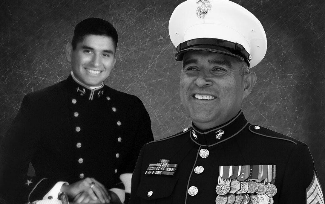 Photo Illustration. Navy Ensign Daniel Ramos Jr. followed in the tradition of military service after his father  retired Marine Master Sgt. Daniel Ramos.