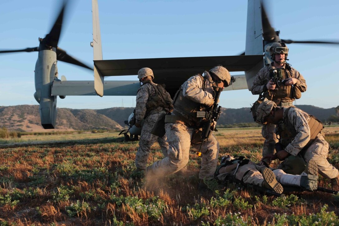 Marines and sailors with Weapons Company, Battalion Landing Team 2nd Battalion, 1st Marine regiment, 11th Marine Expeditionary Unit, provide medical aid to a downed role player to the as part of a tactical recovery of aircraft and personnel training exercise during Certification Exercise  aboard Marine Corps Base Camp Pendleton, California, June 20, 2014. CERTEX is comprised of a specific series of missions intended to evaluate and certify the 11th MEU for their upcoming deployment with the Makin Island Amphibious Ready Group scheduled for later this summer. (U.S. Marine Corps photo by Lance Cpl. Evan R. White/RELEASED)